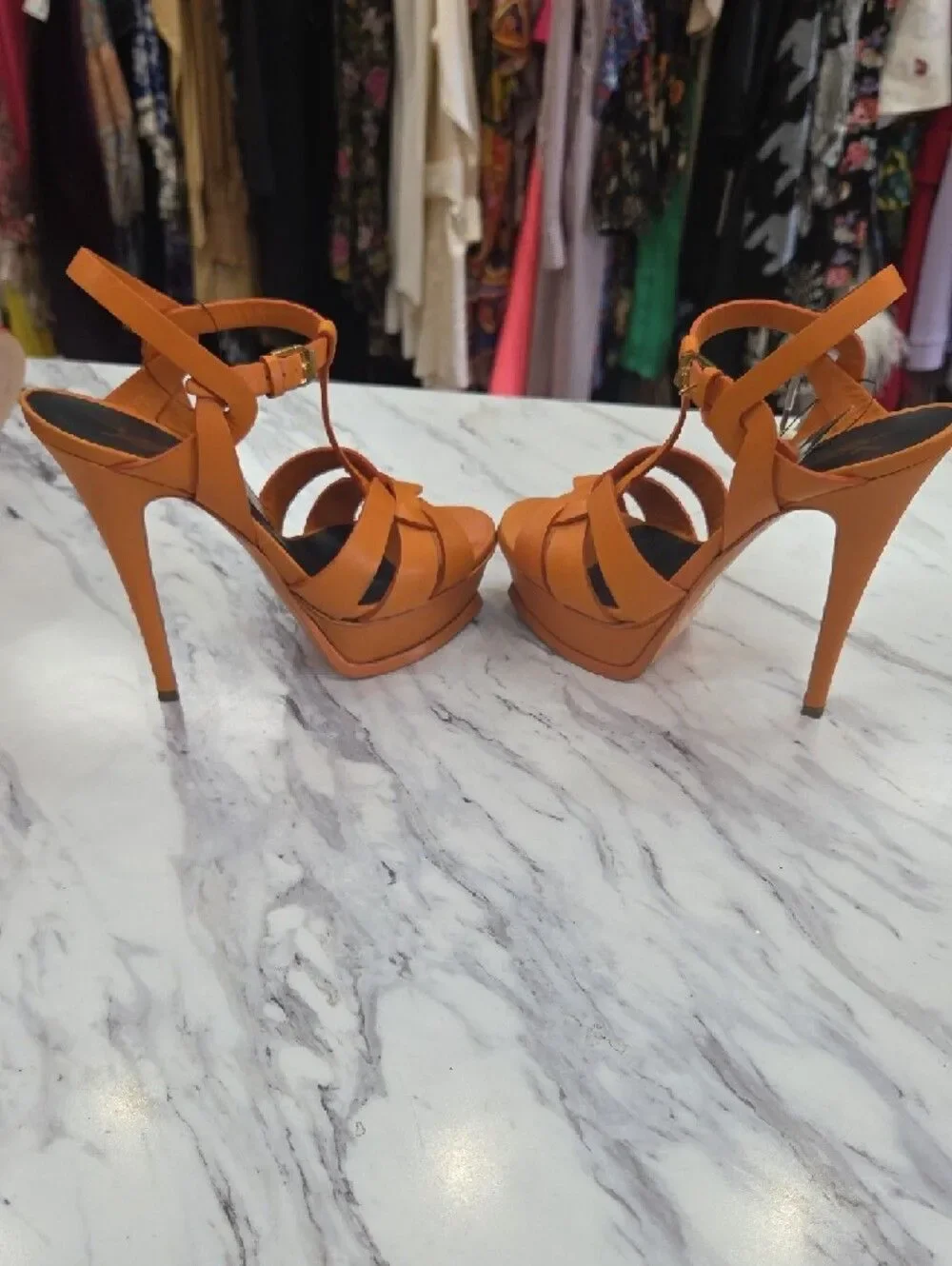 Yves Saint Laurent Orange Platform T-Strap Stiletto Sandals